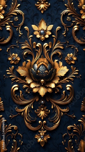 Elegant Gold Floral Phone Wallpaper  Ornate Blue Background | Vertical Aesthetic Mobile Design in 4K HD

