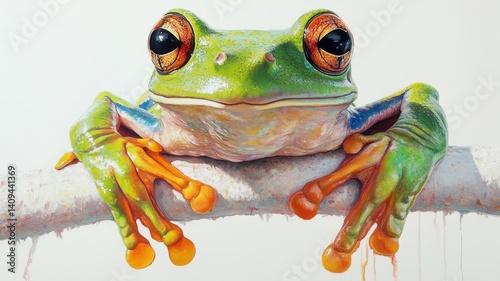 A vibrant and detailed illustration of a green tree frog on a branch.