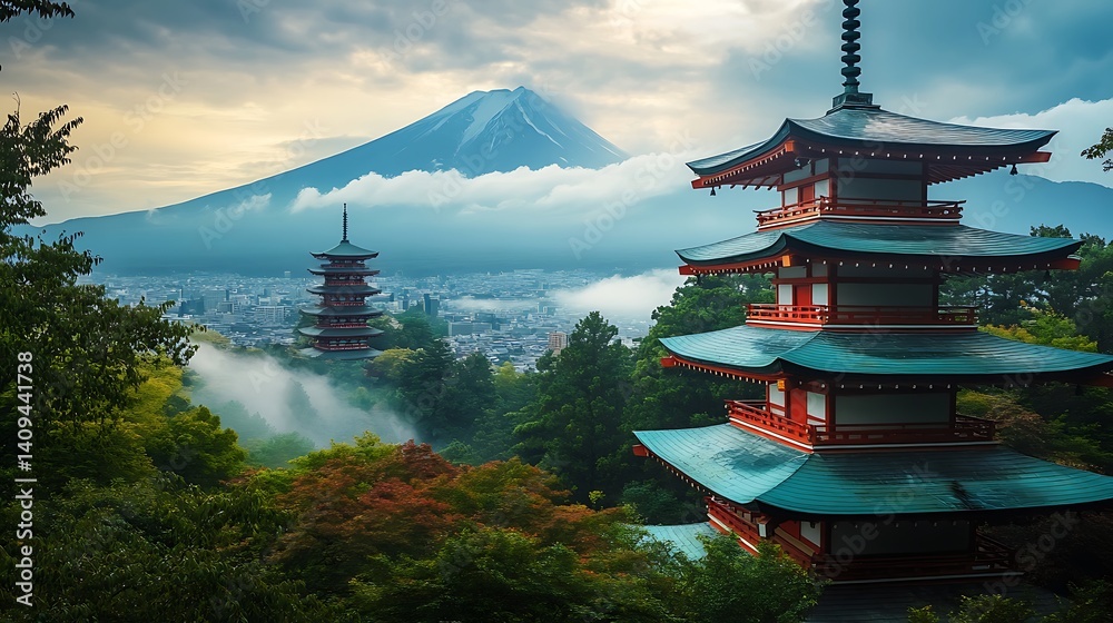 Obraz premium Pixelated View of Traditional Japanese Pagodas and Mountain Landscape Scene