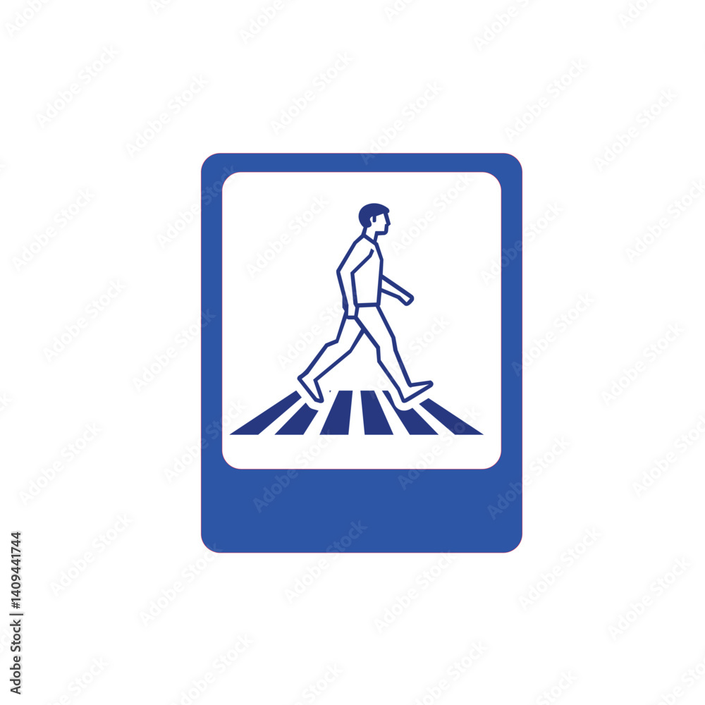 Silhouette illustration of an individual walking across a pedestrian crosswalk. Depicted in solid blue on a white background creating a minimalistic and modern design for various concepts.