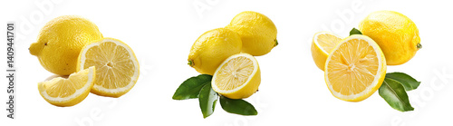 set of lemon isolated. Half and slice and a whole of lemon with leaves on a transparent background