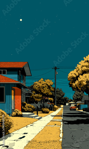 Stylized vector illustration of a suburban street with bold colors and deep contrast. Minimalist and graphic scenery with a surreal, cinematic atmosphere