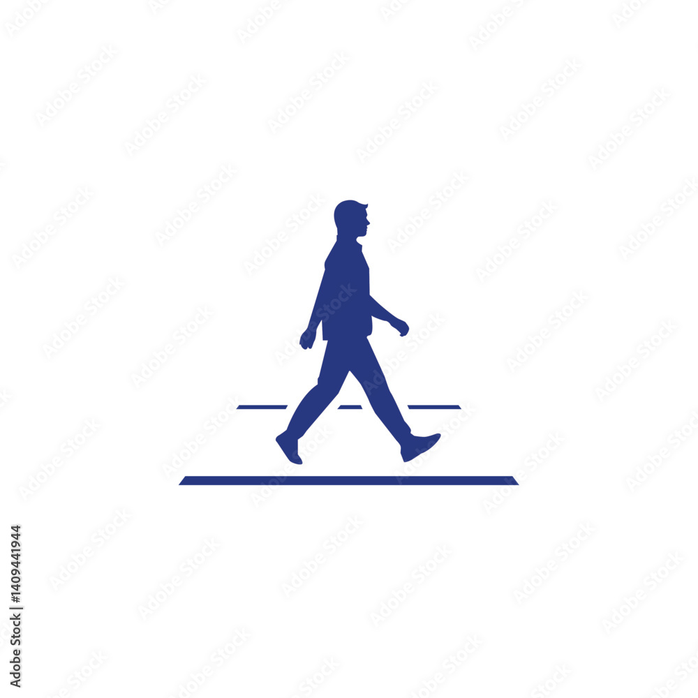 Obraz premium Silhouette illustration of an individual walking across a pedestrian crosswalk. Depicted in solid blue on a white background creating a minimalistic and modern design for various concepts.