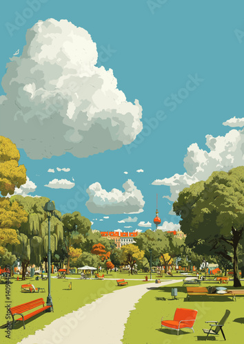 Vector park scene with benches, trees, and large white clouds under a bright blue sky. Peaceful and sunny outdoor setting with urban buildings in the distance