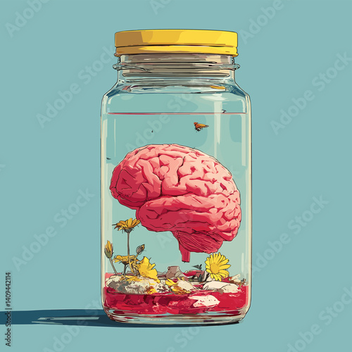 Surreal vector illustration of a brain preserved in a jar with flowers and red liquid. Concept of thought, fragility, and memory in a symbolic modern composition