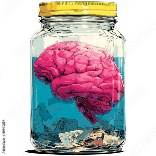 Surreal vector illustration of a pink brain preserved in a glass jar filled with water and debris. Conceptual artwork symbolizing memory, isolation, or mind control in a modern style