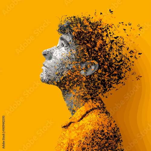 Surreal double exposure portrait of a man looking up, disintegrating into particles on a vibrant orange background. Concept of transformation, thoughts, or fading identity in vector art style