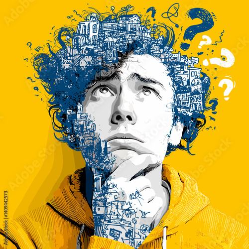 Surreal double exposure portrait of a man thinking with blue doodles and question marks emerging from his head. Bright yellow background. Conceptual and imaginative vector art