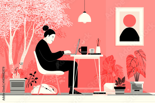 A digital illustration of a person working on a laptop at a desk in a cozy, minimalist pink room, surrounded by plants and a framed art piece