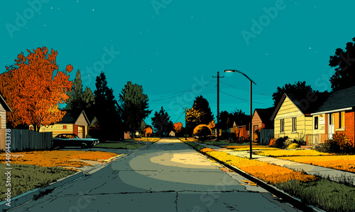 A calm suburban street at night with colorful autumn trees, streetlights, and houses, creating a peaceful, serene atmosphere