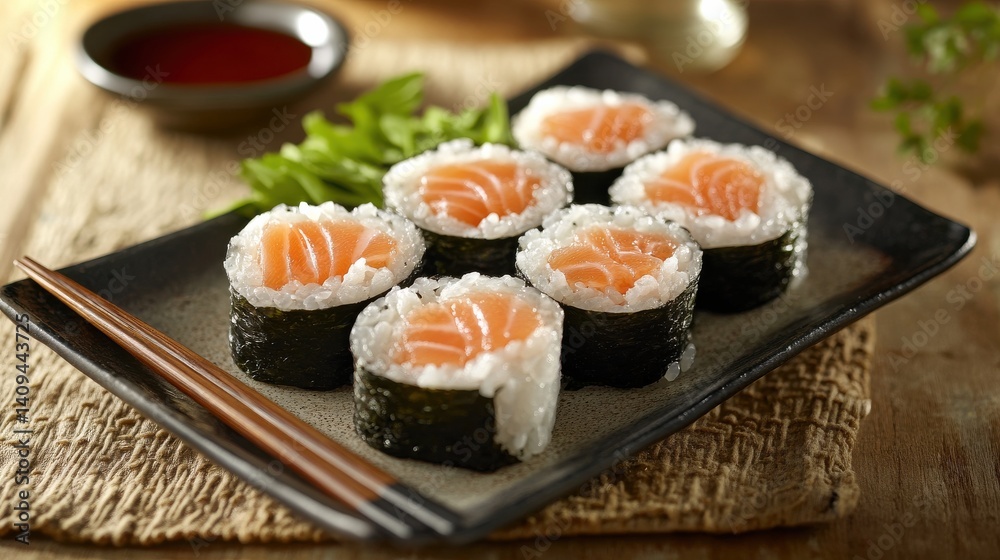 Fresh salmon sushi rolls elegantly presented on a rustic plate with chopsticks and soy sauce Fresh salmon sushi rolls elegantly presented on a rustic plate with chopsticks and soy sauce