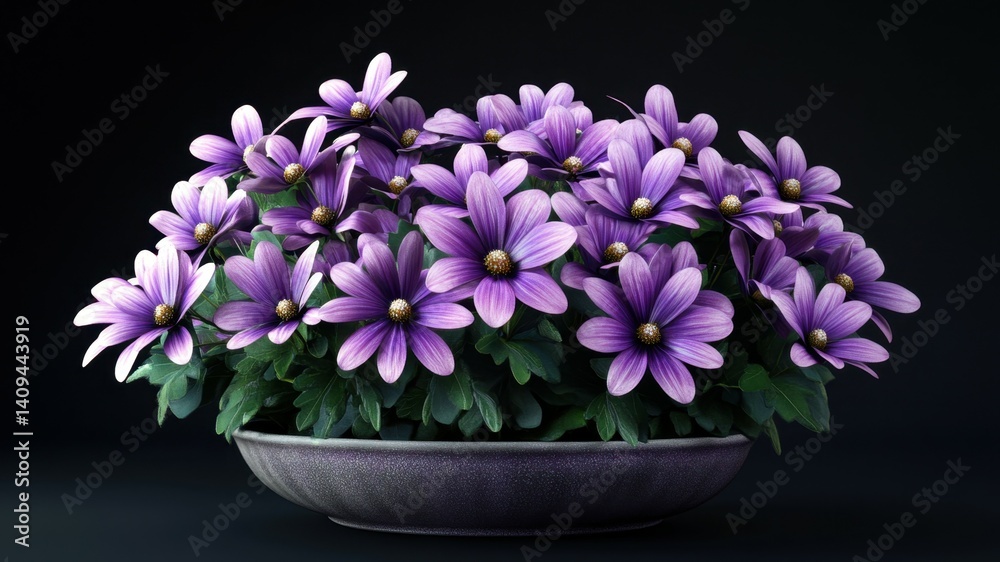 Fototapeta premium Close-up of a pot of purple daisies against a dark background.