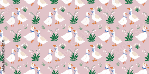 
Spring and summer seamless pattern  with geese and flowers, lily-of-the-valley, vintage royal wallpaper, charming background