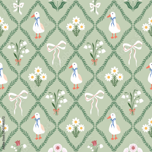 Spring and summer seamless pattern with goose, lily-of-the-valley and bows, vintage floral wallpaper, charming background