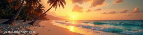 Vintage tone film distressed image of a sandy beach with palm trees and sunset over the sea , ocean, film distress