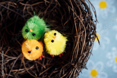 Obraz na płótnie Décoration pour les fêtes de Pâques - Mignon Petit poussin coloré en poils dans un nid w salonie