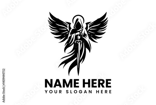 Bold Dark Angel with Sword Graphic. Powerful Mythical Design