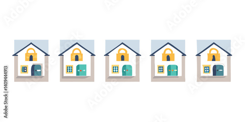 Row of yellow door houses with blue rooftops in flat style