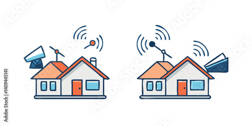 Smart homes with antennas and Wi-Fi signal icons