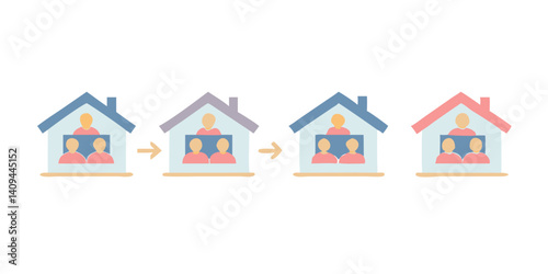 Cartoon house evolution icons showing transformation process