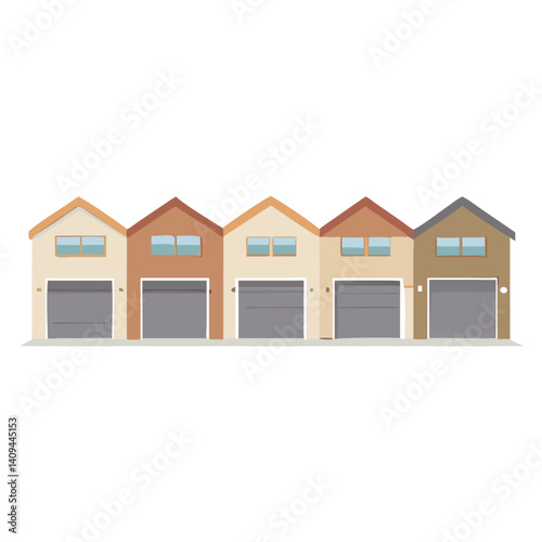 Row of modern townhouses with beige garage doors