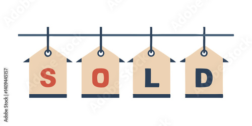 Real estate sold sign tags with black borders on rope