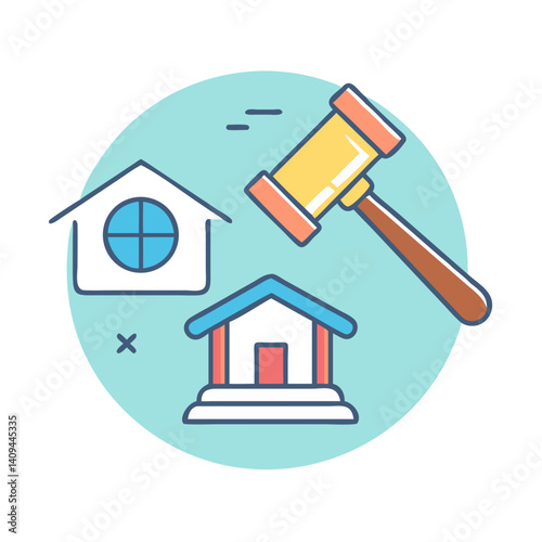 Real estate auction icon with gavel and houses