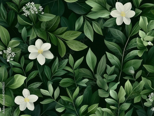 Vibrant green foliage with delicate white flowers, creating a lush natural backdrop.