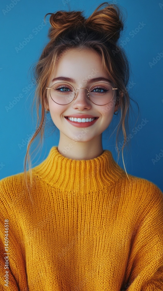 Smiling girl in glasses and bright sweater on blue screen background. Suitable for educational, fashion or youth projects.