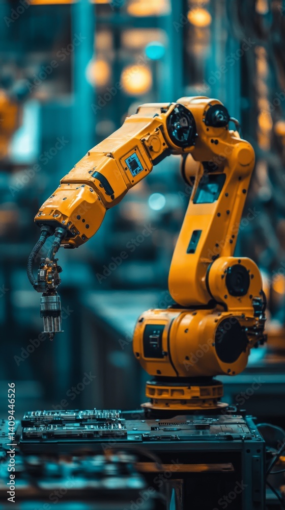 Yellow industrial robot in a workshop with tools. Suitable for illustrations in articles about technology, automation, production.
