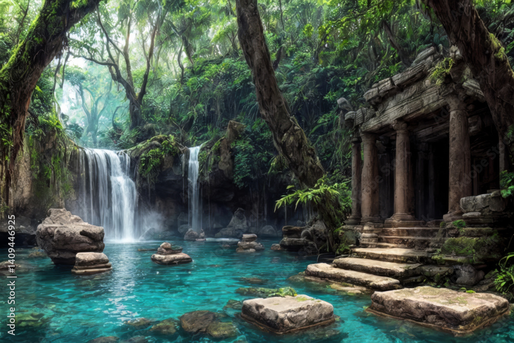 Naklejka premium Ancient Jungle Ruins with Waterfall - Fantasy Temple Background