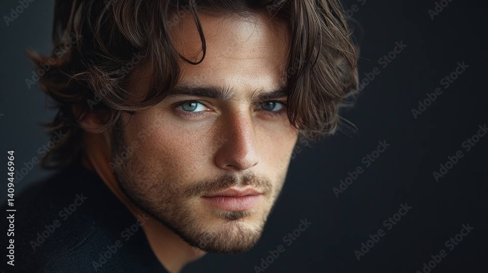 Portrait of a man with long hair and a penetrating gaze on a dark background, perfect for book covers, perfume ads or personal blogs.