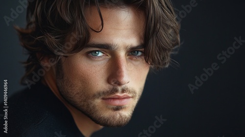 Obraz na płótnie Portrait of a man with long hair and a penetrating gaze on a dark background, perfect for book covers, perfume ads or personal blogs. w salonie