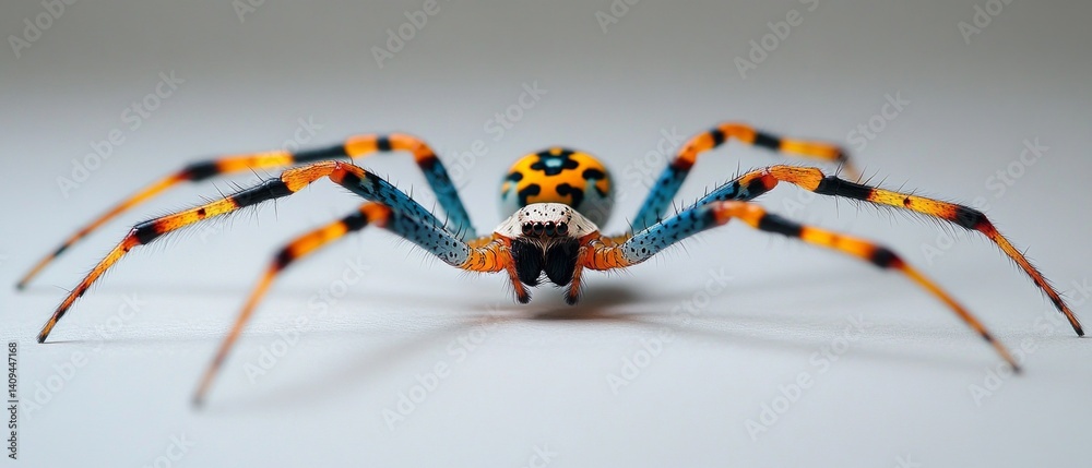 Bright spider with long legs and contrasting coloring on a white background. Ideal for scientific articles, educational materials, creative designs.