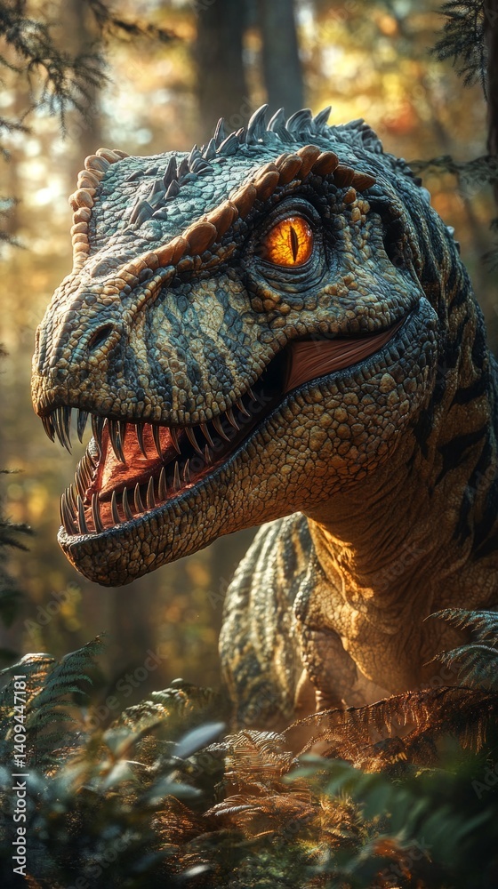 Realistic portrait of a dinosaur in the forest with detailed texture and bright eyes. Suitable for themed projects, book covers, games.