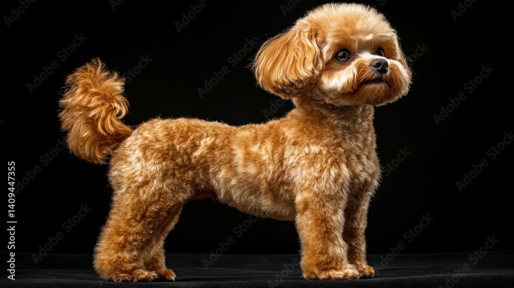 Small dog with neat haircut standing on black background. Great for articles about pets, pet care.