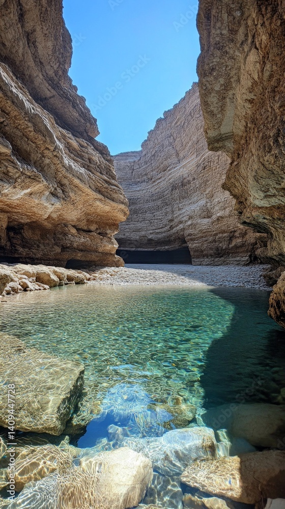 A narrow canyon with clear water and rocky walls, sunlit. Perfect for traveling, nature, adventure.