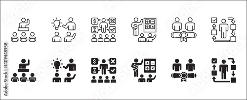 Business training icon set. Business coaching and education icons. Contains symbol of management, lecture, mentoring, expert, qualification, qualified worker, learning, selection. Vector illustration