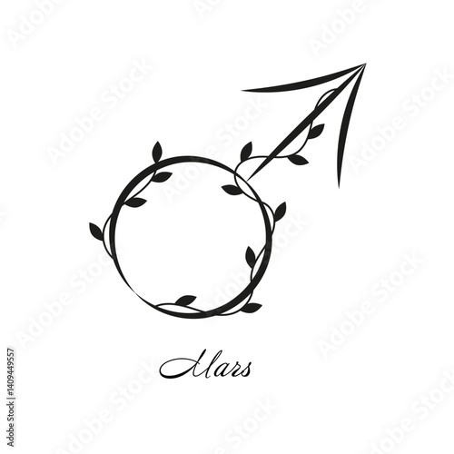 Mars planet astrological and astronomy sign with black branches and leaves. Vector symbol with botanical decoration on white background