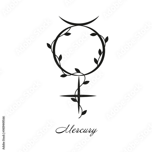 Mercury planet astrological and astronomy sign with black branches and leaves. Vector symbol with botanical decoration on white background