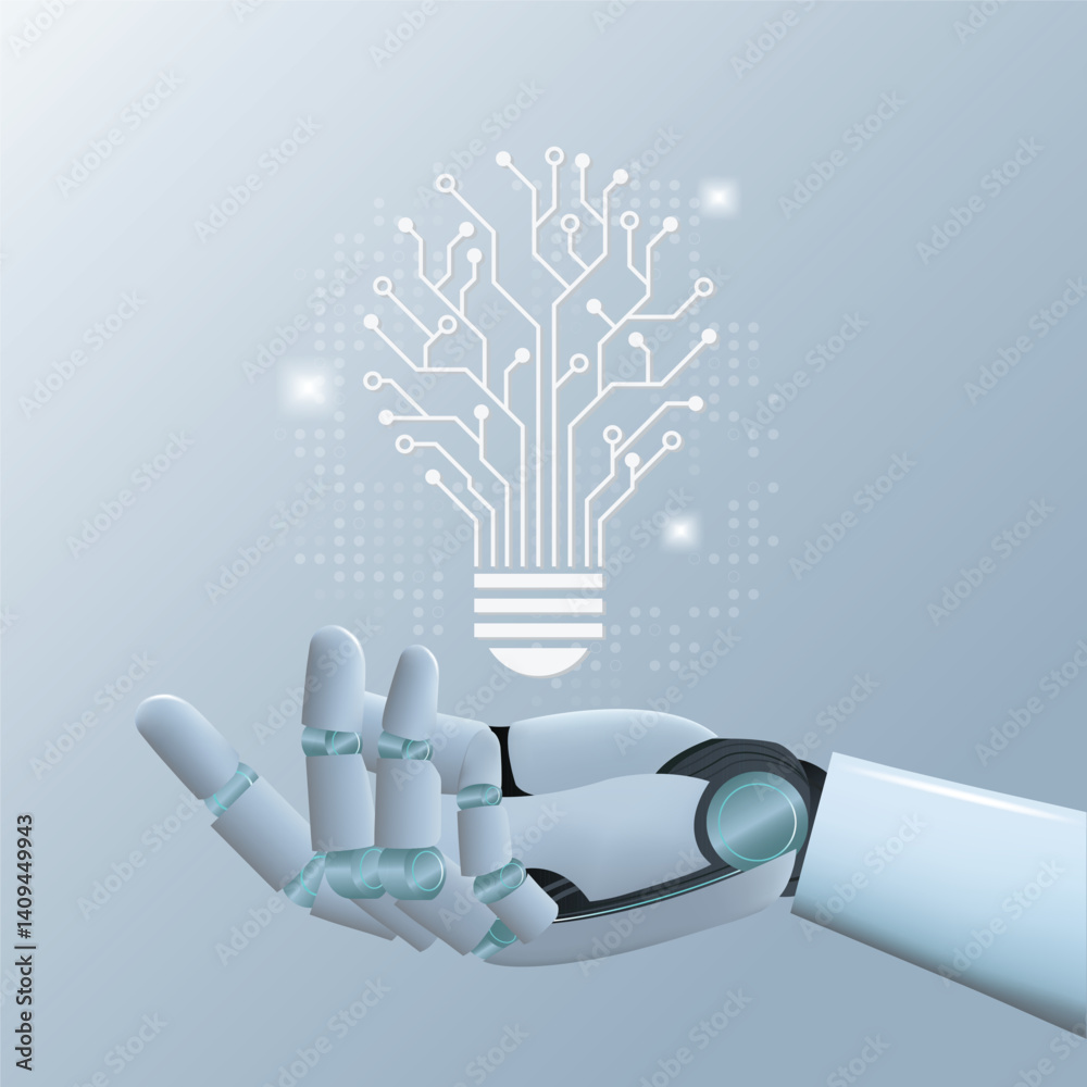 AI humanoid hand holding light bulb circuit, Creative artificial intelligence technology Idea concept