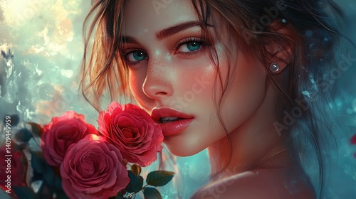 Wallpaper Mural Radiant Woman with Roses: A Dreamlike Portrait Torontodigital.ca