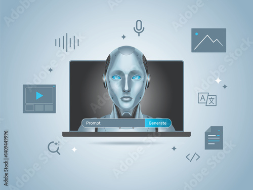 Artificial intelligence robot on laptop and generate bar. AI created generate art, text, video, audio with prompt. Big data visualization and machine learning. Vector illustration.