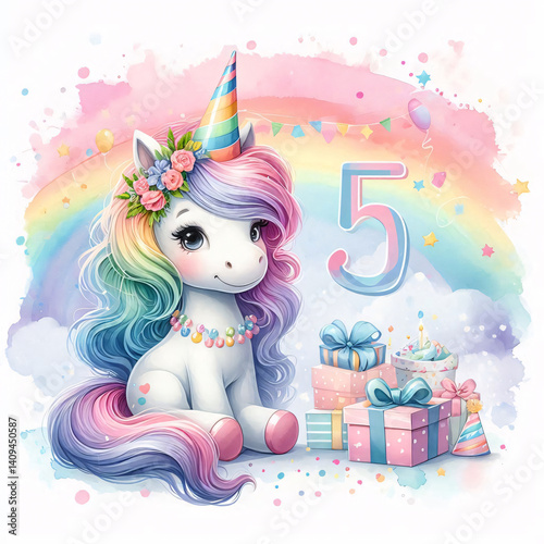 Cute watercolor unicorn in a colorful birthday cone hat next to number 5, surrounded by balloons, glitter stars, and hearts. 