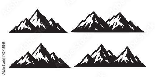 Vector mountain icon set illustration showcases a snowy winter landscape silhouette 