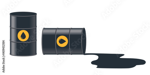 Two barrels, one of which is leaking oil. Illustration on transparent background