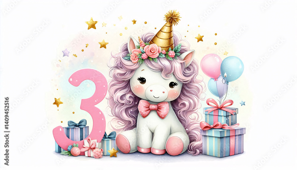 Fototapeta premium Adorable watercolor clipart of a sweet unicorn with curly mane and birthday hat next to number 3, surrounded by sparkles and gifts. Soft pastel tones for a cheerful children’s celebration design.