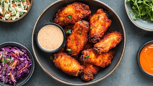Crispy Fried Chicken Wings with Coleslaw and Sauces, Top View, Dark Background, Copy Space