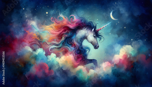 Colorful unicorn silhouette in dreamy watercolor tones, surrounded by stars and a whimsical sky. Perfect for magical book covers, nursery wall art, or fantasy-themed children’s illustrations.