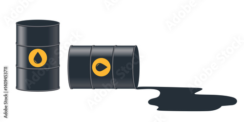 Two barrels, one of which is leaking oil. Vector illustration isolated on white background